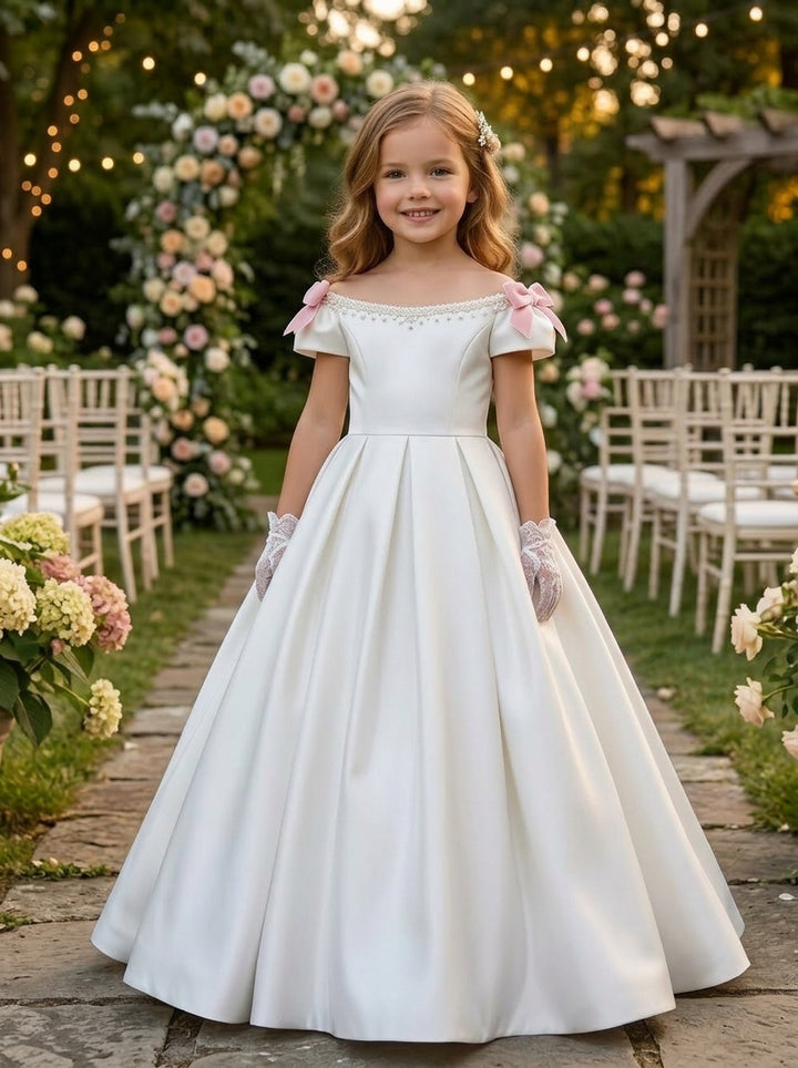A-Line/Princess Off-the-Shoulder Sleeveless Floor-Length Flower Girl Dresses Satin With Bowknots