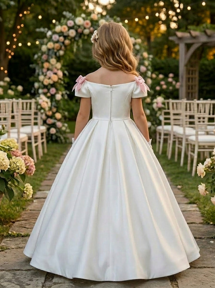 A-Line/Princess Off-the-Shoulder Sleeveless Floor-Length Flower Girl Dresses Satin With Bowknots