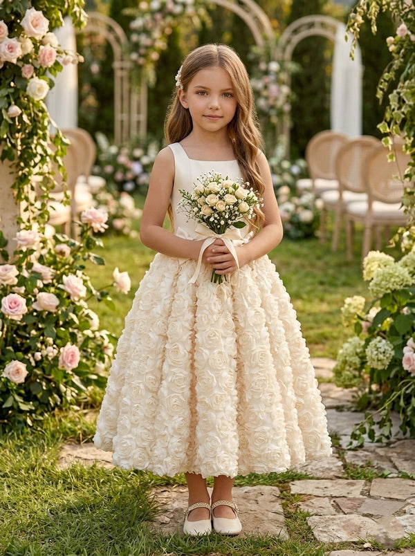 A-Line/Princess Square Neckline Sleeveless Ankle-Length Flower Girl Dresses Stretch Satin Floral With Bowknots