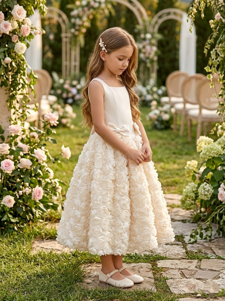 A-Line/Princess Square Neckline Sleeveless Ankle-Length Flower Girl Dresses Stretch Satin Floral With Bowknots