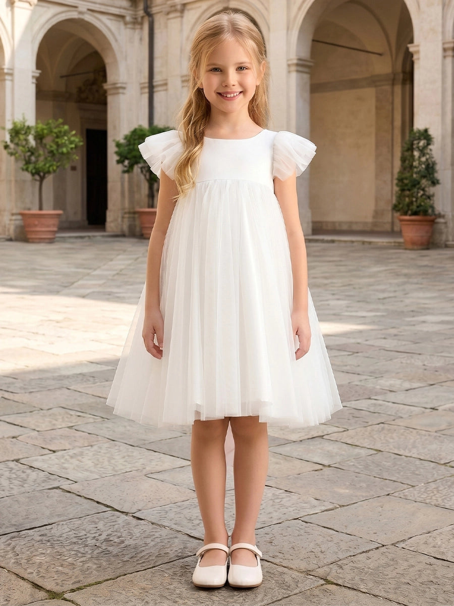 A-Line/Princess Scoop Short Sleeves Knee-Length Flower Girl Dresses Tulle with Bowknot