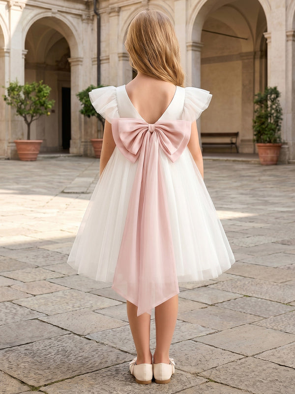 A-Line/Princess Scoop Short Sleeves Knee-Length Flower Girl Dresses Tulle with Bowknot