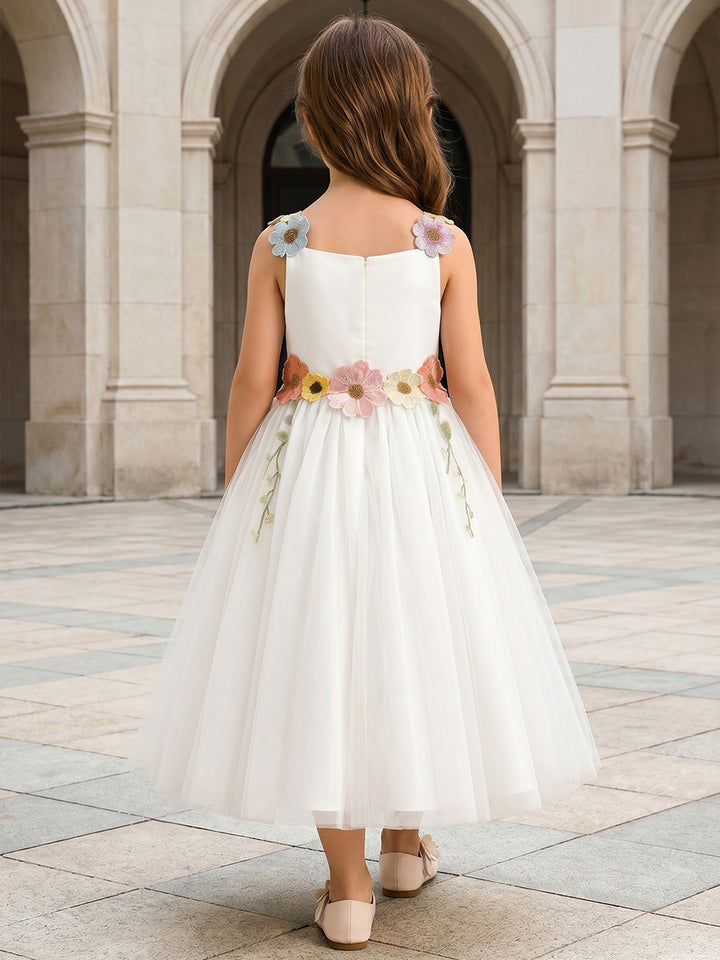 A-Line/Princess Scoop Sleeveless Tea-Length Flower Girl Dresses with 3D Flowers
