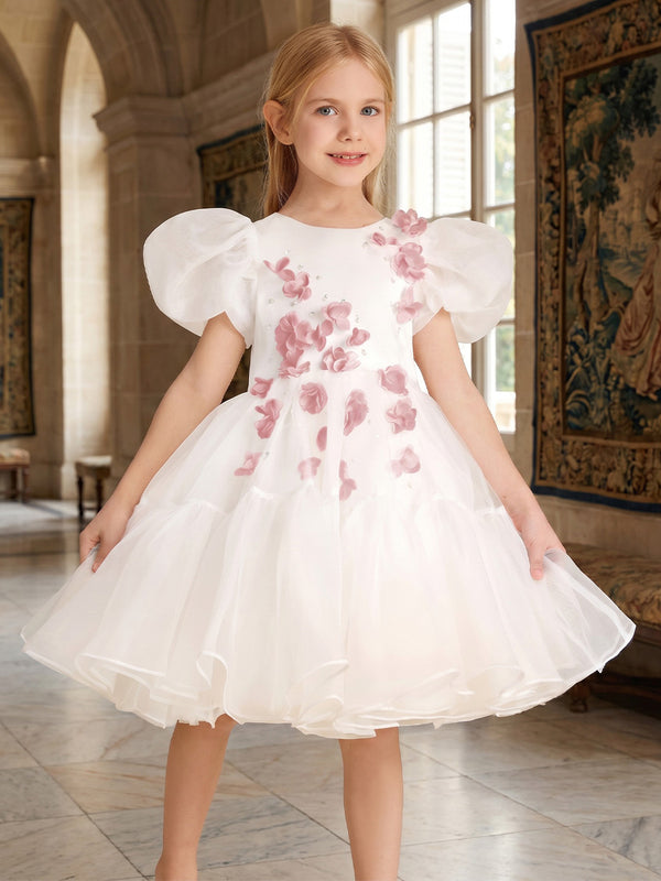 A-Line/Princess Scoop Puff Sleeves Knee-Length Flower Girl Dresses with 3D Flowers