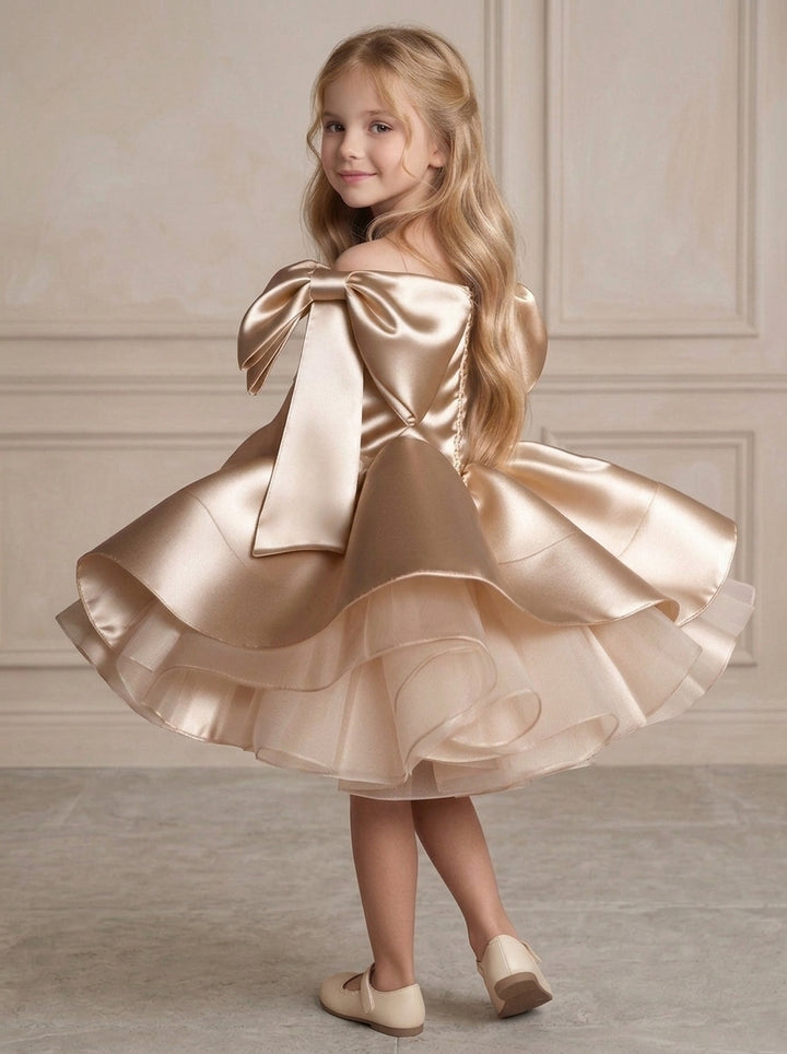 Ball Gown Scoop Bowknot Straps Silk Satin Flower Girl Dresses Short/Mini