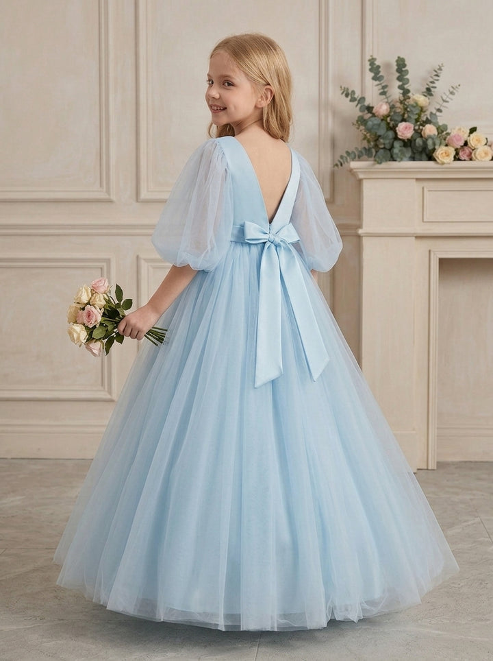 A-Line/Princess V-Neck Half Sleeves Floor-Length Flower Girl Dresses with Bowknot