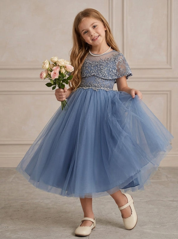 A-Line/Princess Scoop Cape Sleeves Tea-Length Flower Girl Dresses with Lace