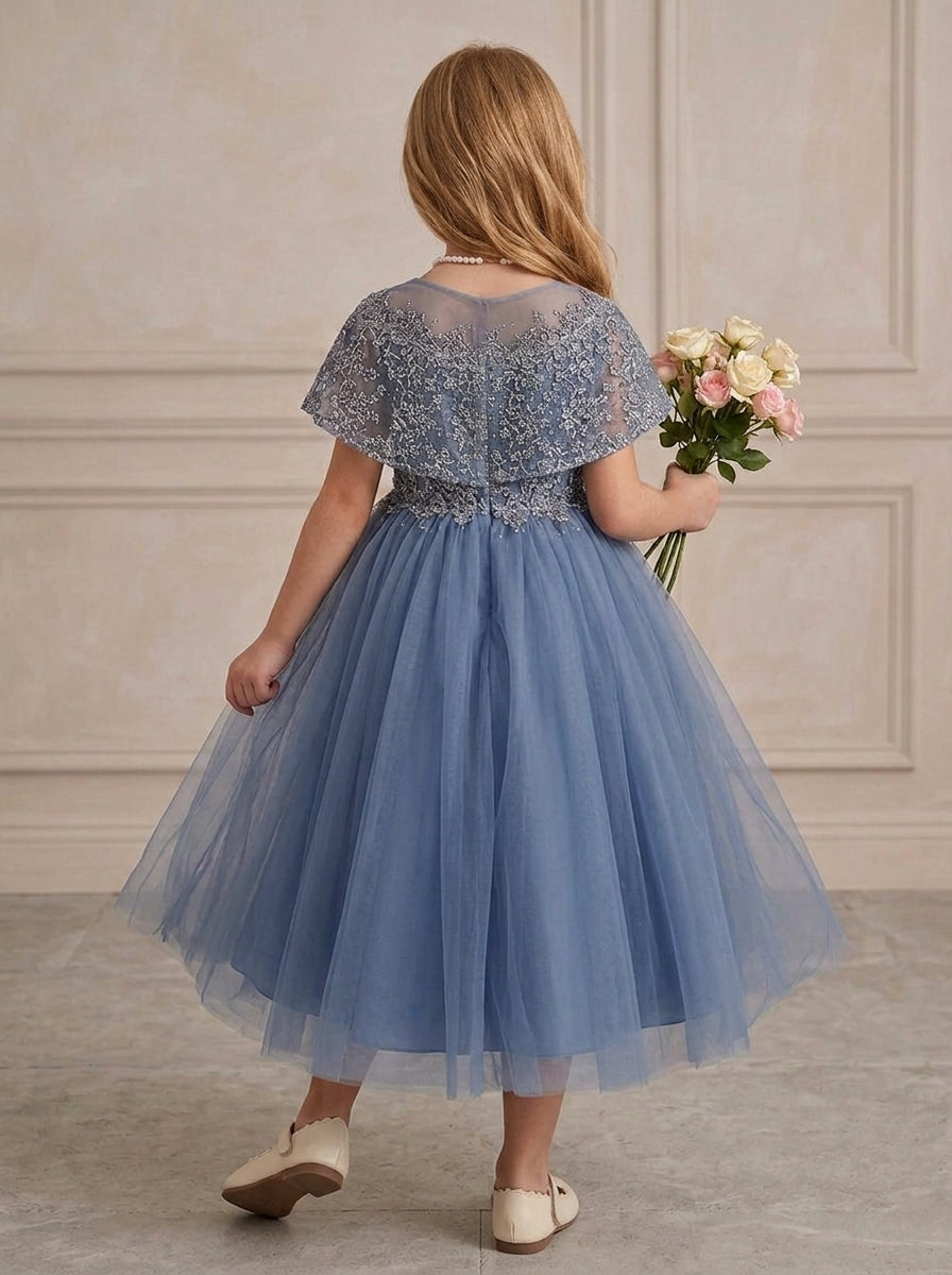 A-Line/Princess Scoop Cape Sleeves Tea-Length Flower Girl Dresses with Lace