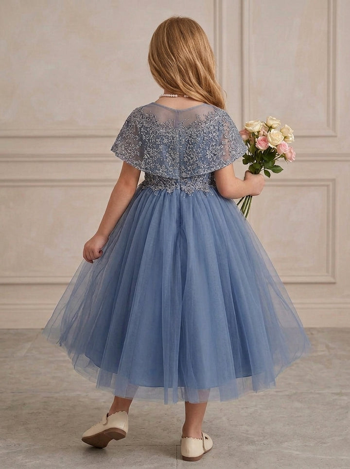 A-Line/Princess Scoop Cape Sleeves Tea-Length Flower Girl Dresses with Lace