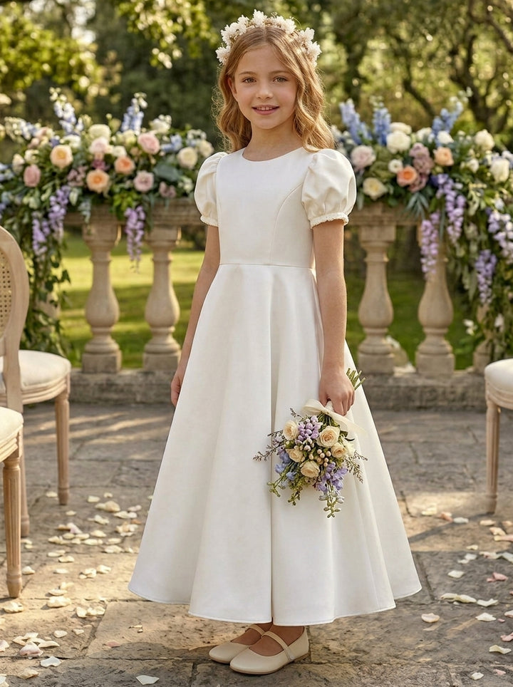 A-Line/Princess Scoop Satin Flower Girl Dresses with Bowknot Short Puffy Sleeves Ankle-Length