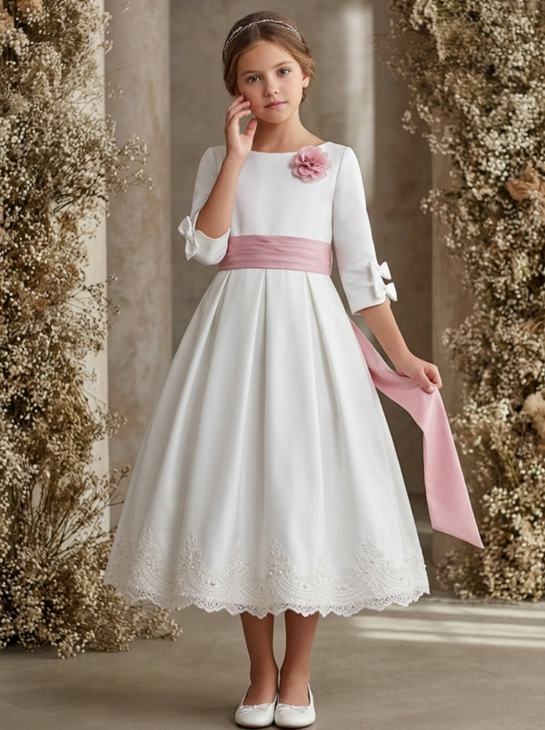 A-Line/Princess Scoop Satin Flower Girl Dresses with Bowknot 3D Flower 3/4 Sleeves Tea-Length