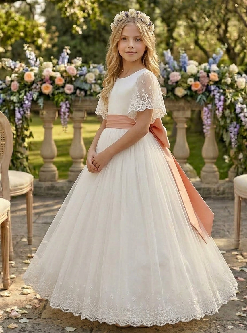 A-Line/Princess Scoop Tulle Flower Girl Dresses with Bowknot Short Sleeves Floor Length Lace