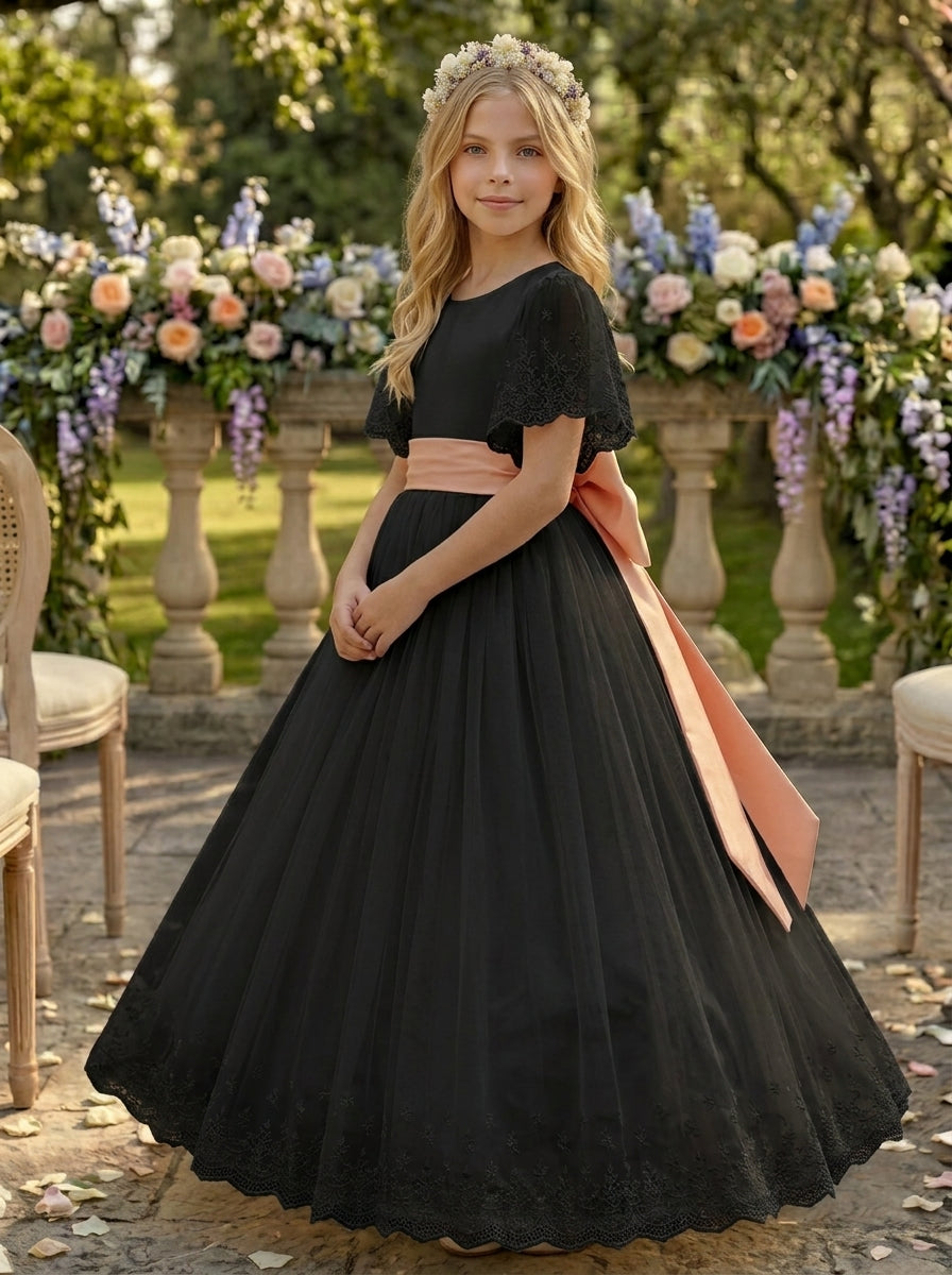 A-Line/Princess Scoop Tulle Flower Girl Dresses with Bowknot Short Sleeves Floor Length Lace