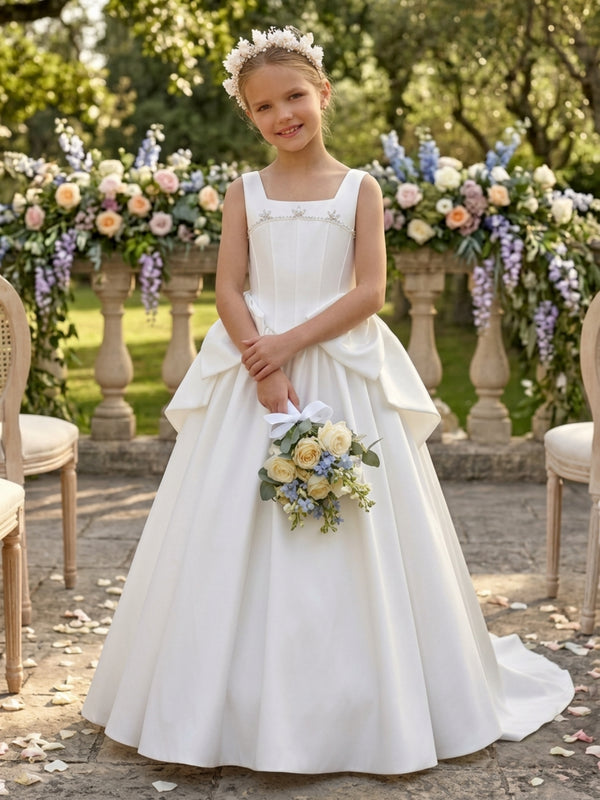 A-Line/Princess Square Neck Satin Flower Girl Dresses With Bowknots Sleeveless Floor Length