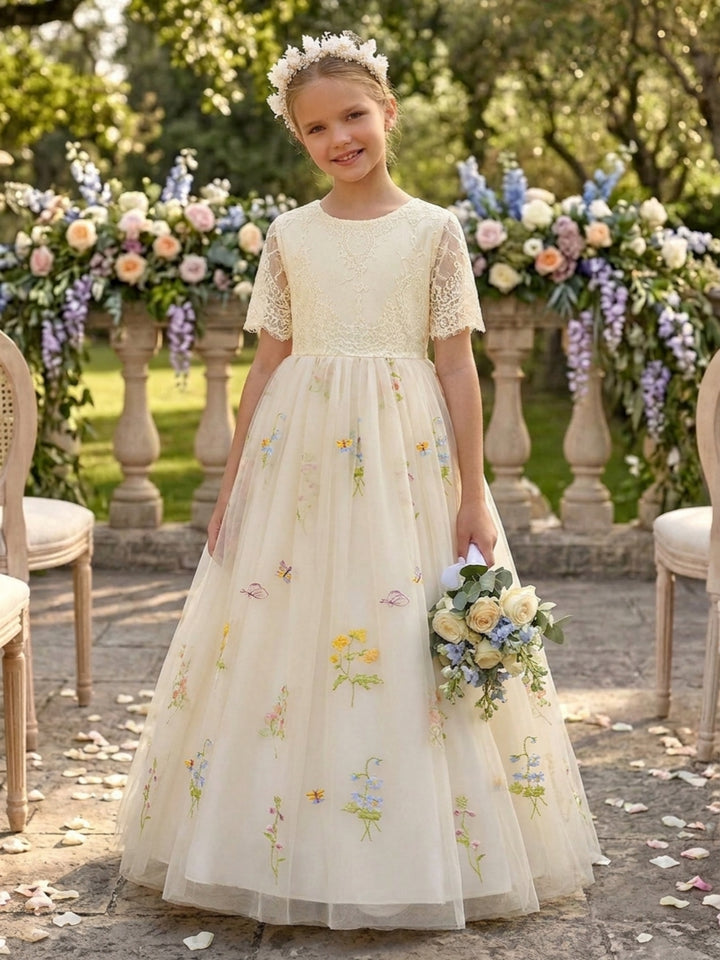 A-Line/Princess Scoop Lace Embroidery Flower Girl Dresses Lace Short Sleeves Floor Length