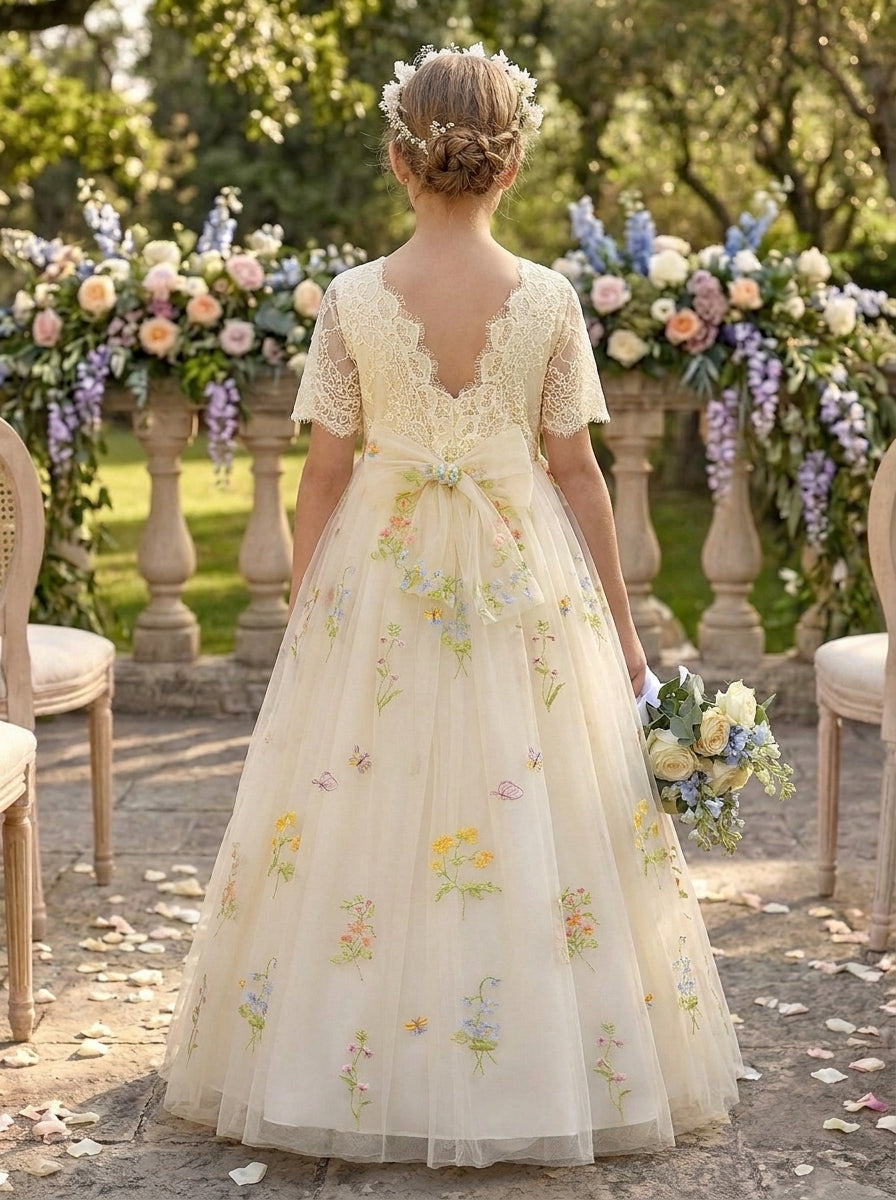A-Line/Princess Scoop Lace Embroidery Flower Girl Dresses Lace Short Sleeves Floor Length