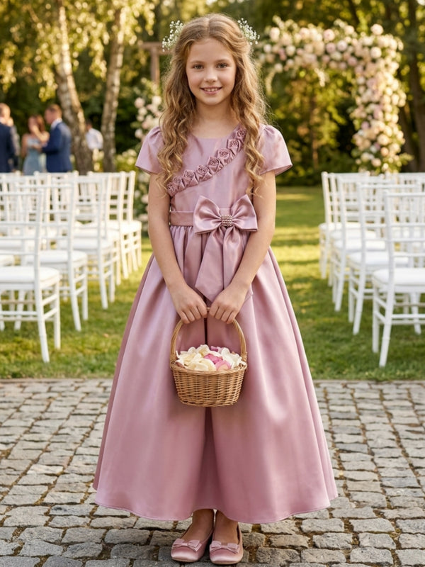 A-Line/Princess Scoop Satin Flower Girl Dresses Short Sleeves Ankle-Length With Bowknot & 3D Flowers