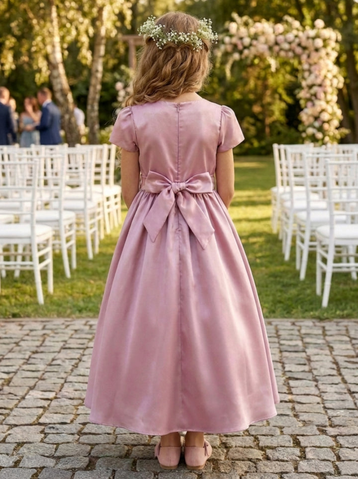 A-Line/Princess Scoop Satin Flower Girl Dresses Short Sleeves Ankle-Length With Bowknot & 3D Flowers