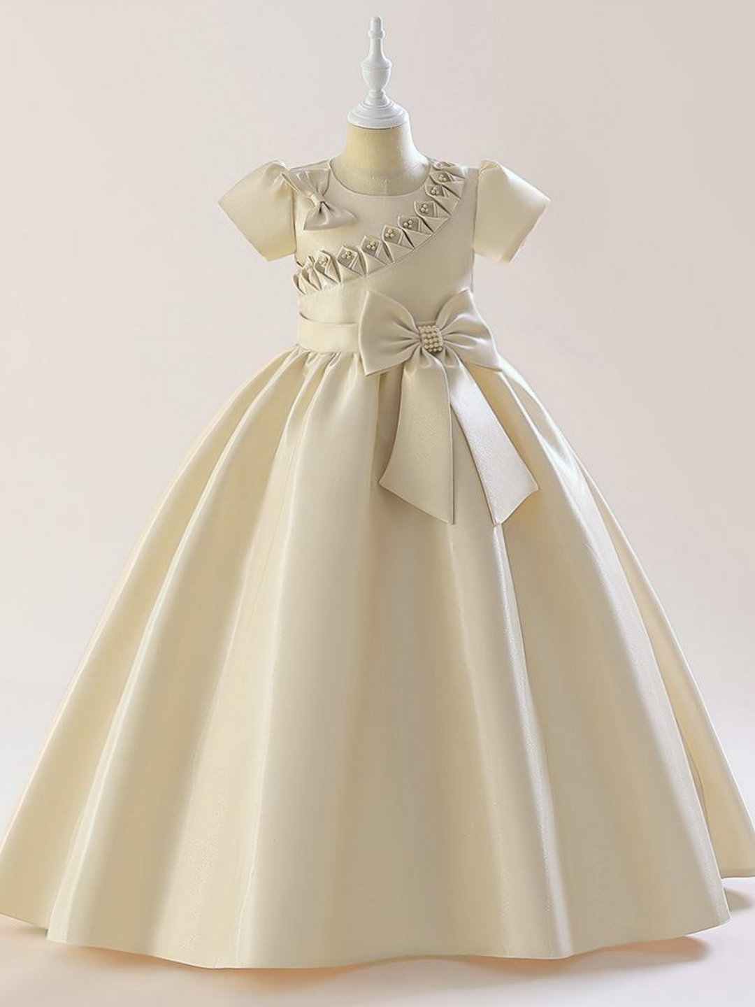 A-Line/Princess Scoop Satin Flower Girl Dresses Short Sleeves Ankle-Length With Bowknot & 3D Flowers
