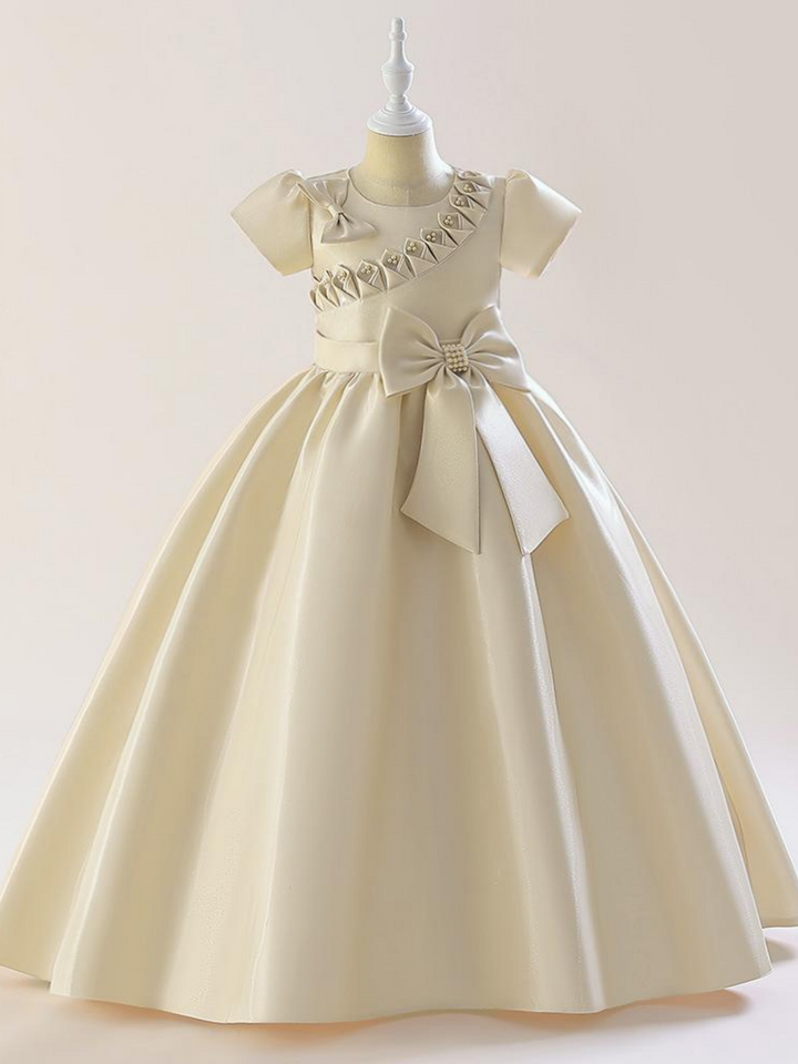 A-Line/Princess Scoop Satin Flower Girl Dresses Short Sleeves Ankle-Length With Bowknot & 3D Flowers