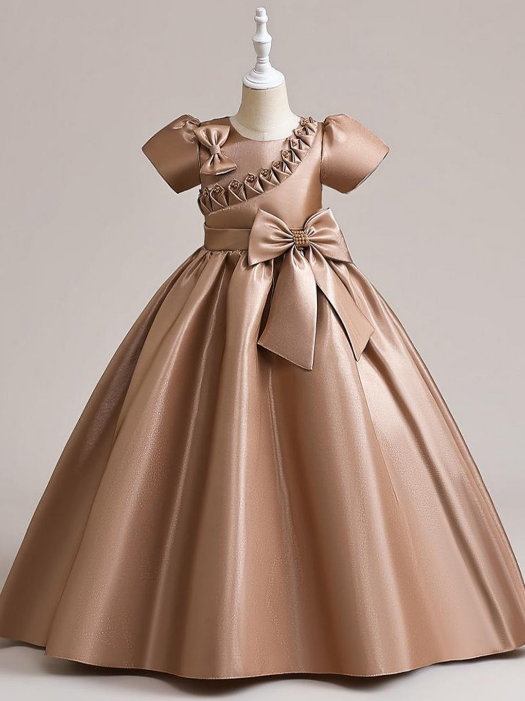 A-Line/Princess Scoop Satin Flower Girl Dresses Short Sleeves Ankle-Length With Bowknot & 3D Flowers