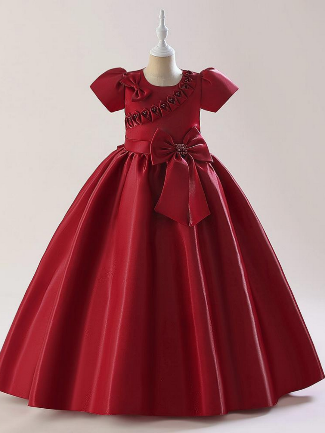 A-Line/Princess Scoop Satin Flower Girl Dresses Short Sleeves Ankle-Length With Bowknot & 3D Flowers