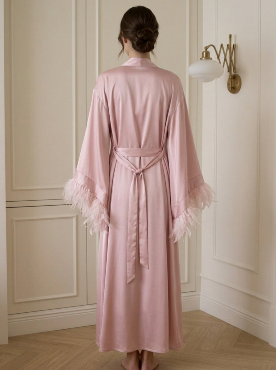 2 Pieces Acetate Satin Feather Pajama Set Tea-Length Long Sleeves