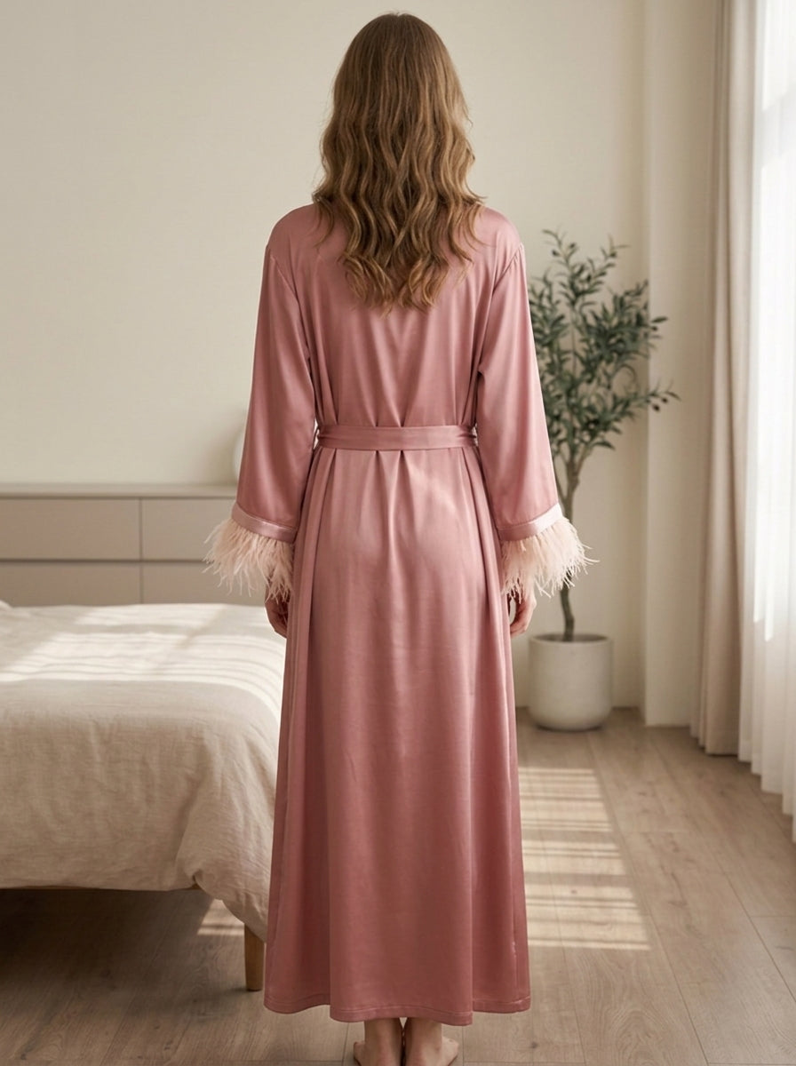 3 Pieces Acetate Satin Feather Pajama Set Ankle-Length Long Sleeves