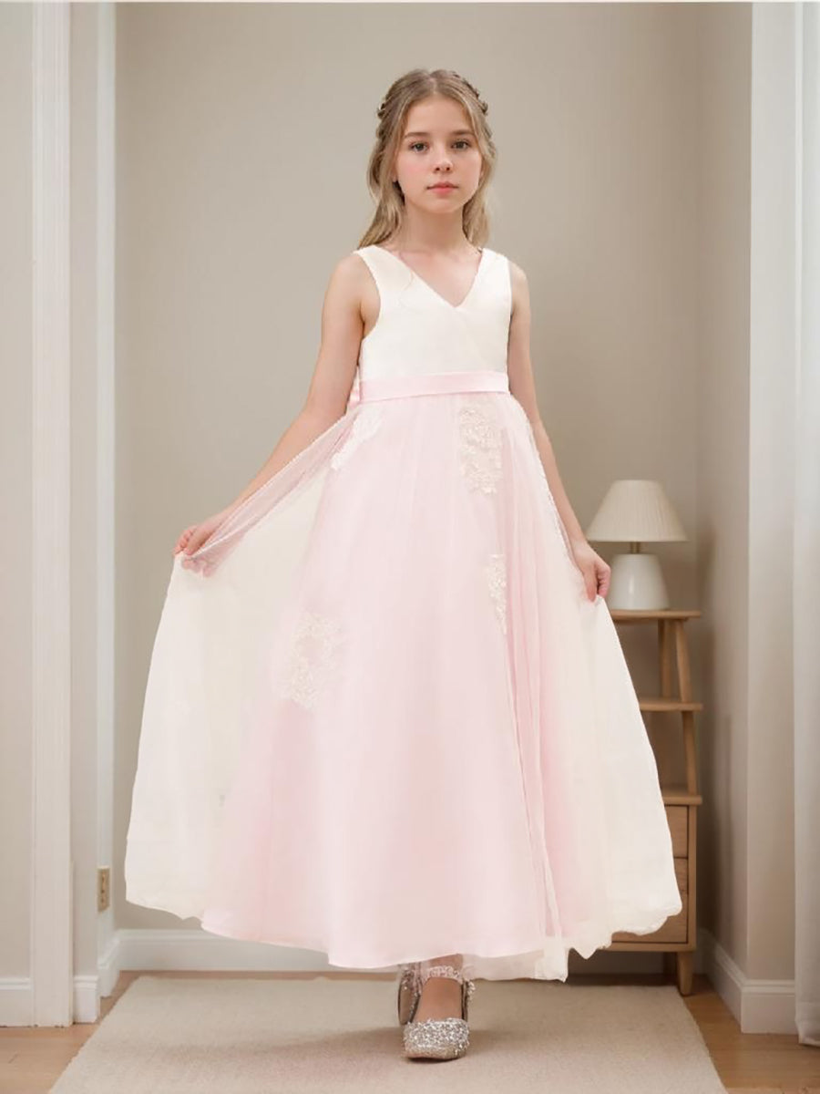 A-line Satin Tulle Ankle-length Pink Dress