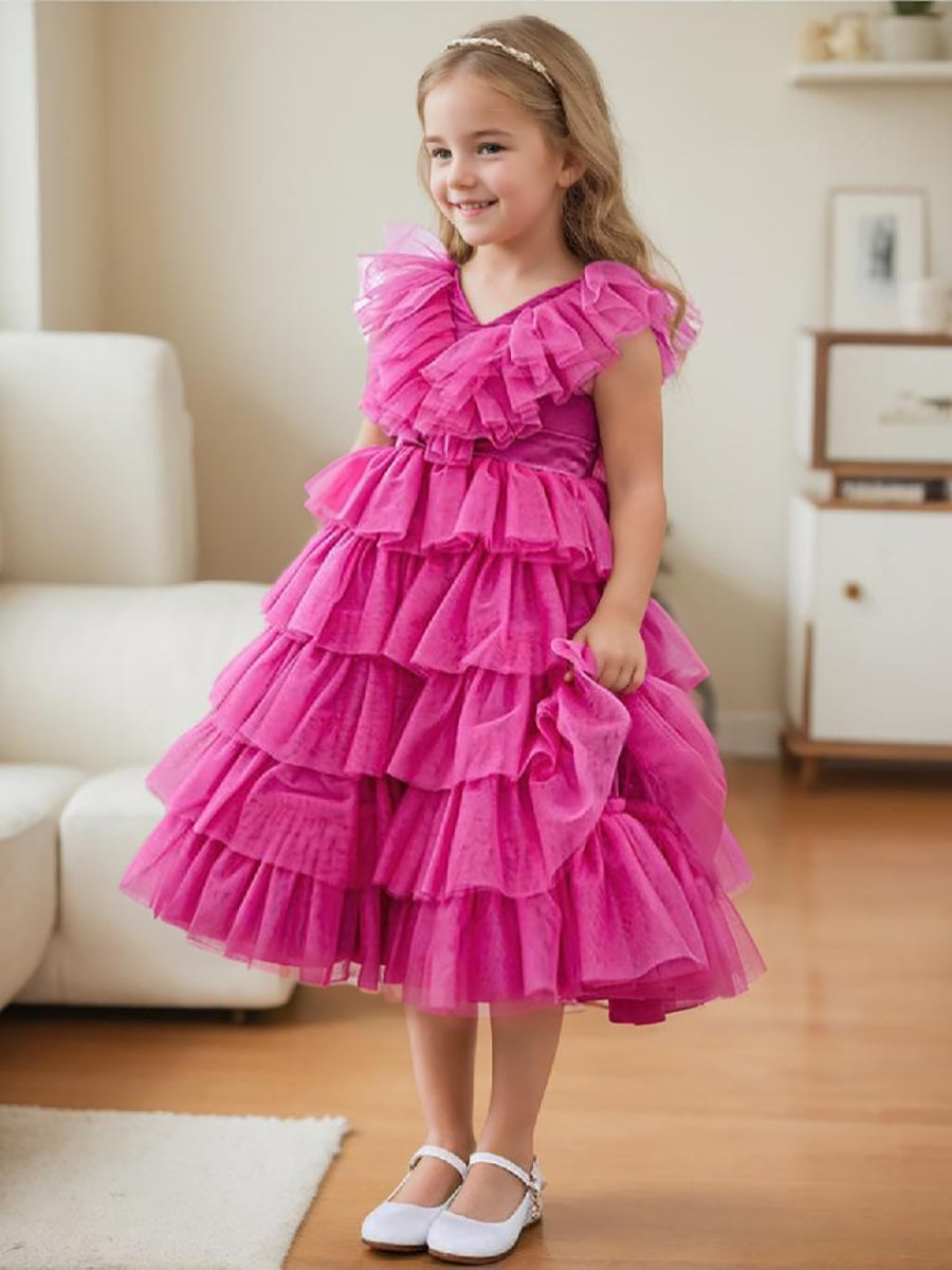 Ball-Gown/Princess Pink Sleeveless Tulle Flower Girl Dress with Ruffles