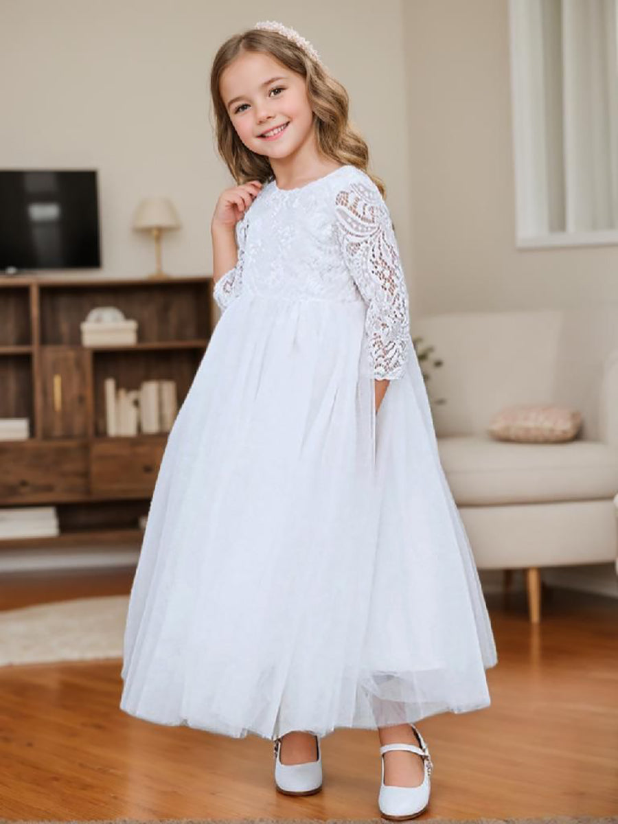 Girls Peony Lace Back A Line Tutu Tulle Party Flower Girl Dress