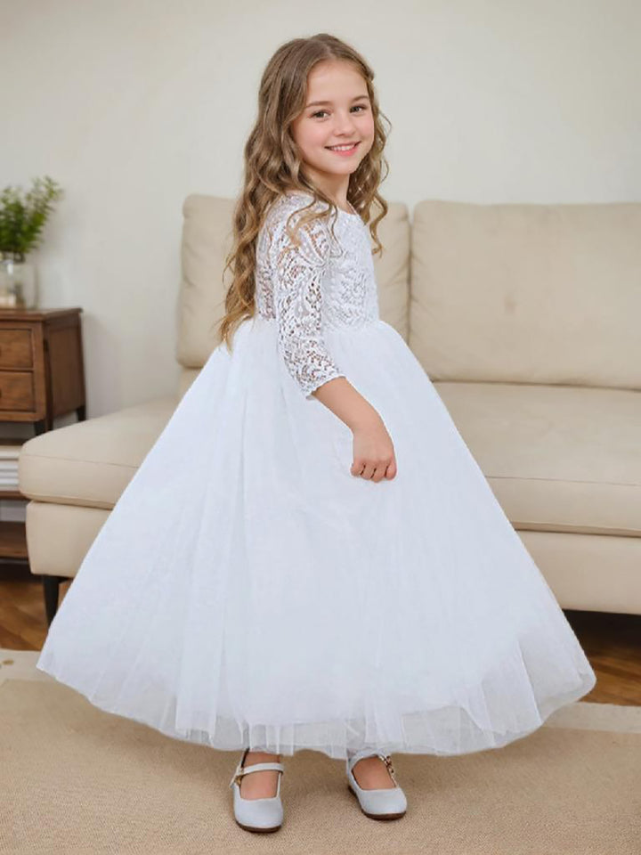 Girls Peony Lace Back A Line Tutu Tulle Party Flower Girl Dress