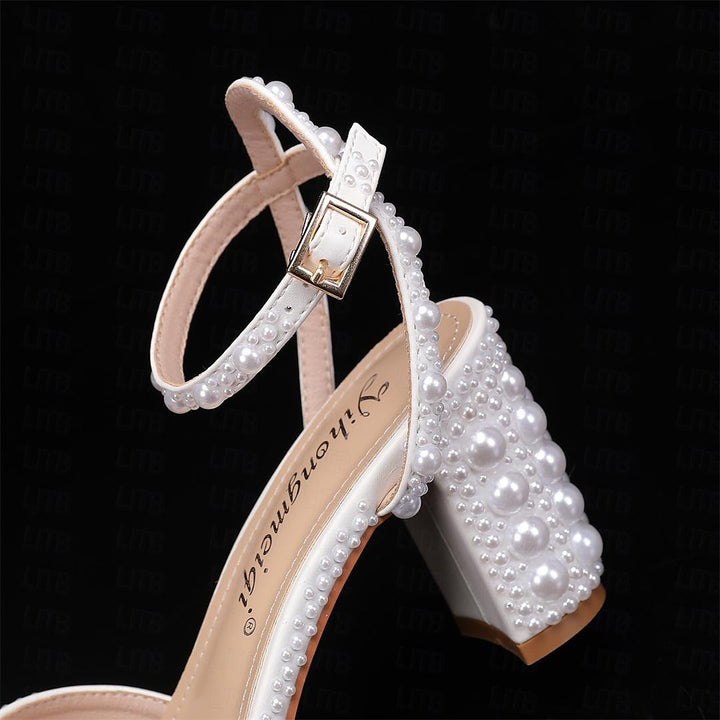 Women's Wedding Shoes PU Sandals with Imitation Pearl Closed Toe Pointed Toe Stiletto High Heel Wedding Heels Bridal Shoes