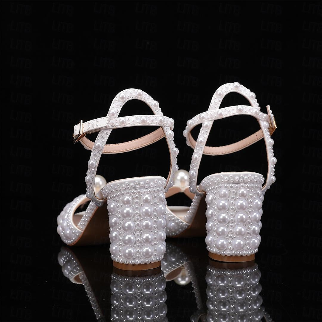 Women's Wedding Shoes PU Sandals with Imitation Pearl Closed Toe Pointed Toe Stiletto High Heel Wedding Heels Bridal Shoes