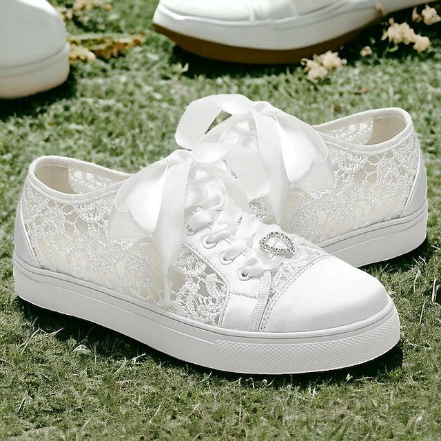 Women's Wedding Shoes  Satin Flower Lace-up Flat Heel Round Toe Sneakers Bridal Shoes