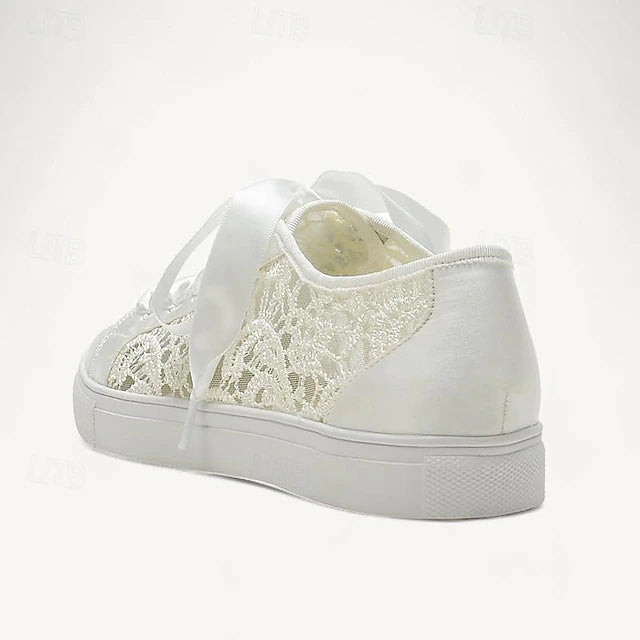 Women's Wedding Shoes  Satin Flower Lace-up Flat Heel Round Toe Sneakers Bridal Shoes