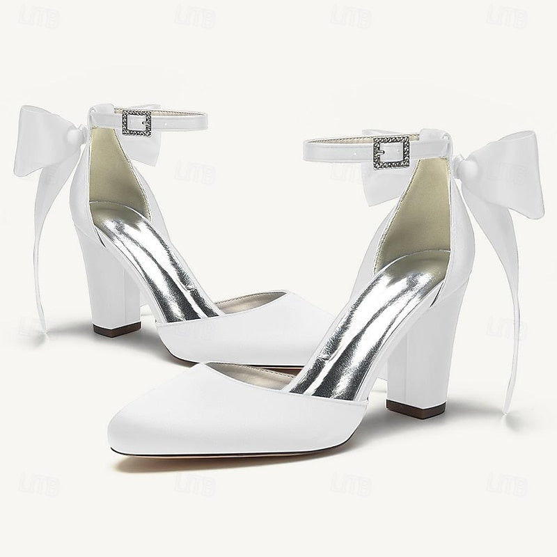 Women's Wedding Shoes Bowknot Chunky Heel Round Toe Wedding Heels Bridal Shoes