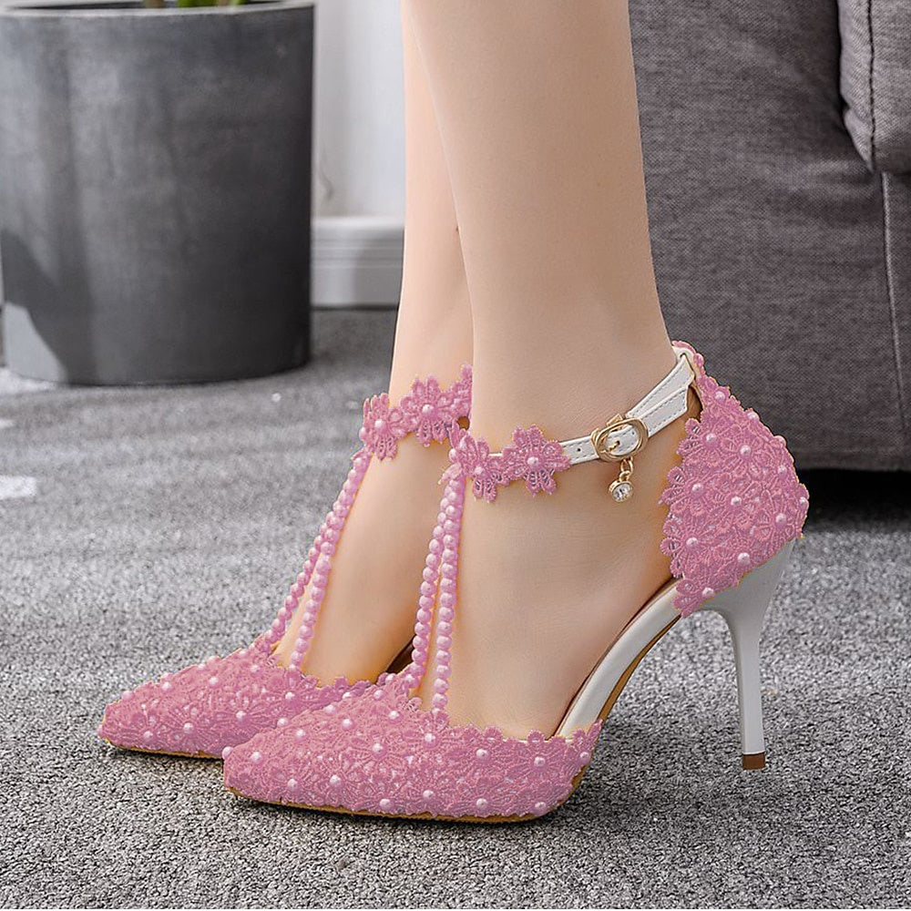 Women's Wedding Shoes Lace High Heel Pointed Toe Wedding Heels Bridal Shoes