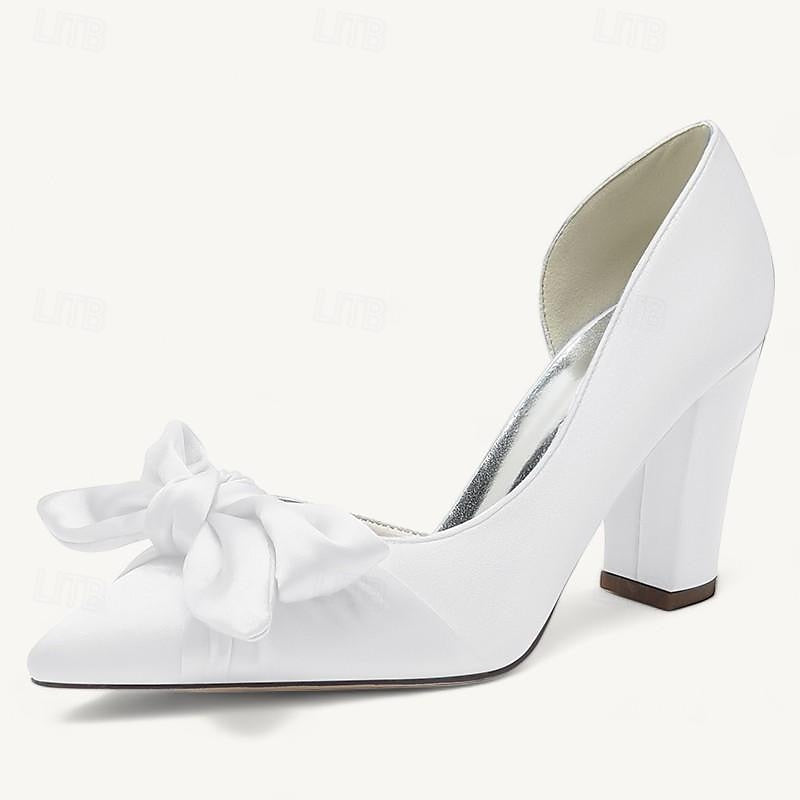 Women's Wedding Bowknot Chunky Heel Pointed Toe  Bridal Shoes