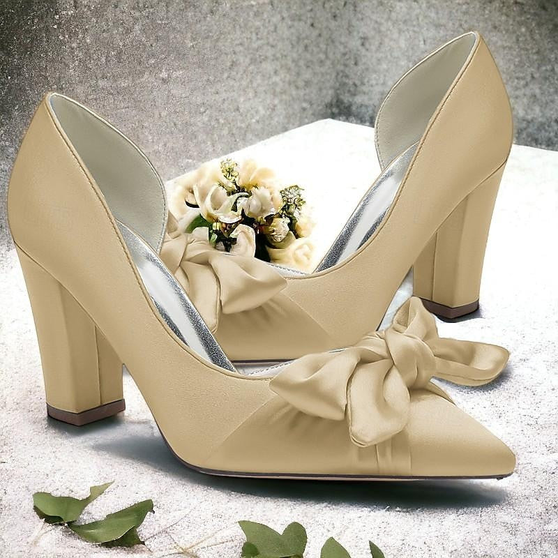 Women's Wedding Bowknot Chunky Heel Pointed Toe  Bridal Shoes