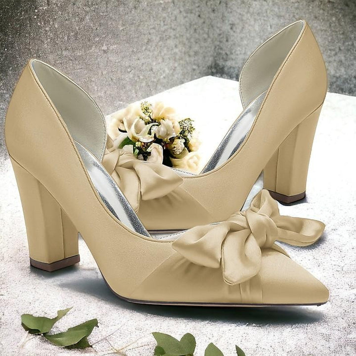 Women's Wedding Bowknot Chunky Heel Pointed Toe  Bridal Shoes
