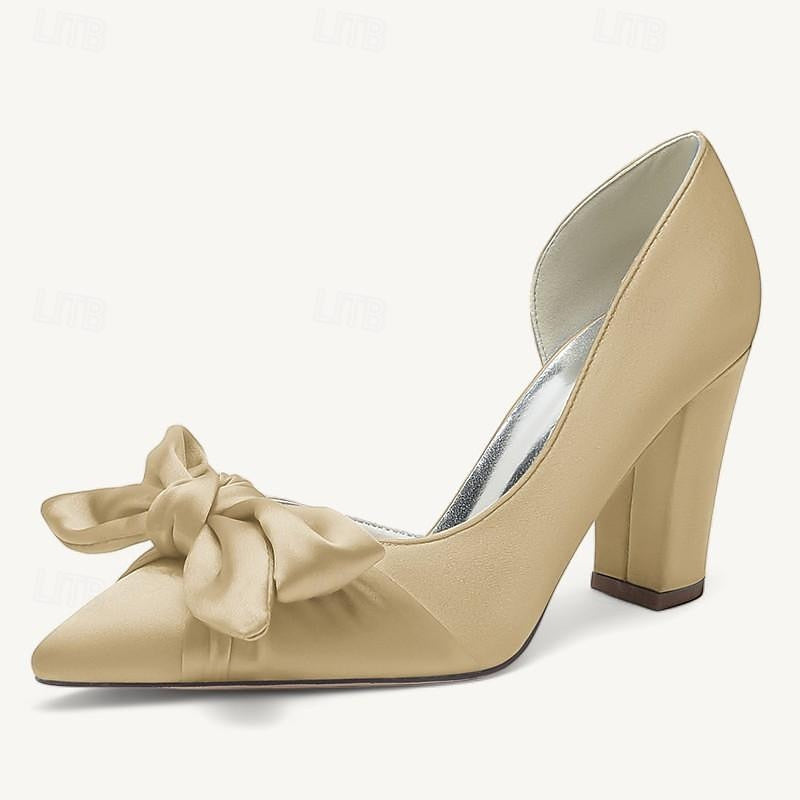 Women's Wedding Bowknot Chunky Heel Pointed Toe  Bridal Shoes