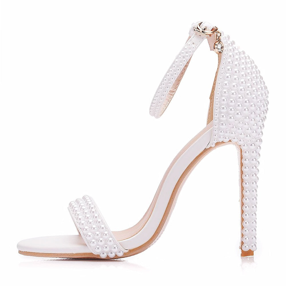 Women's Wedding Pearl Stiletto Faux Leather Open Toe Strappy High Heel Bridal Shoes