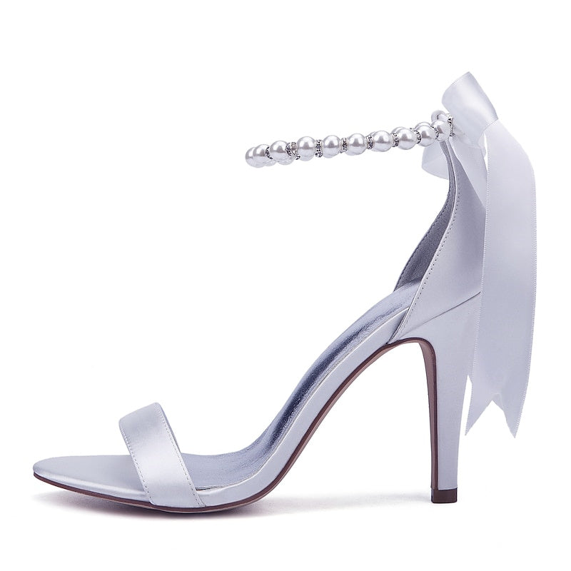 Women's Wedding Lace Up Sandals  Imitation Pearl Ribbon Tie Bridal Shoes
