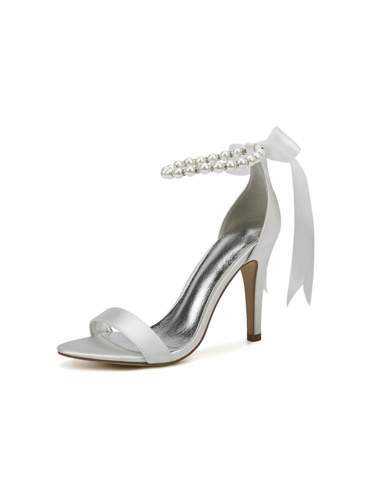 Women's Wedding Lace Up Sandals  Imitation Pearl Ribbon Tie Bridal Shoes