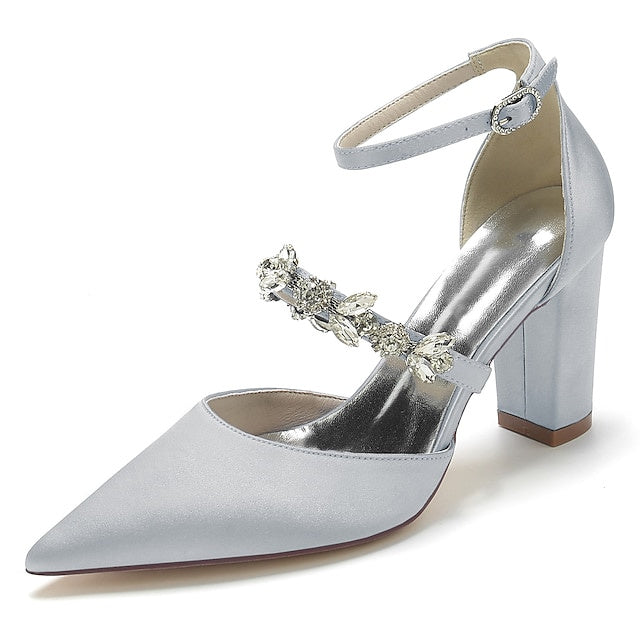 Women's Wedding Rhinestone Chunky Heel Pointed Toe Bridal Shoes