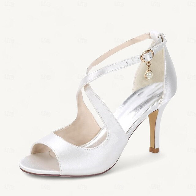Women's Wedding  Shoes Pearl High Heel Open Toe Elegant Satin T-Strap Bridal Shoes
