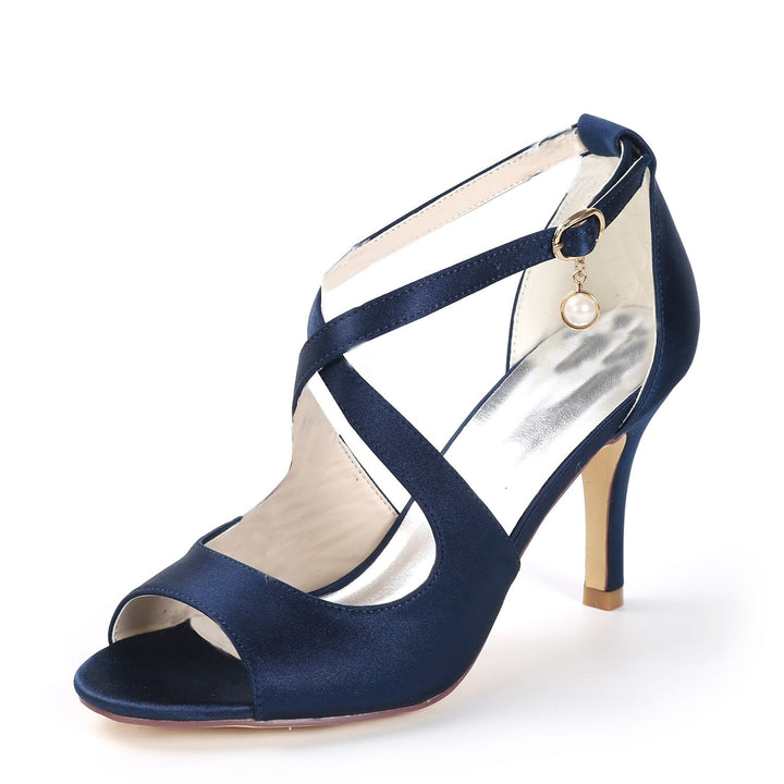 Women's Wedding  Shoes Pearl High Heel Open Toe Elegant Satin T-Strap Bridal Shoes