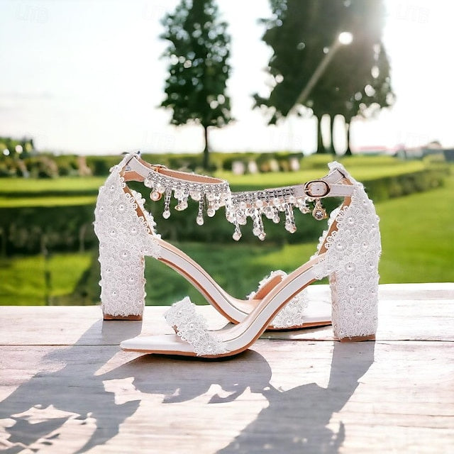 Women's Wedding  Shoes Sandals Crystal Tassel Block Heel Chunky Heel Round Toe Bridal Shoes