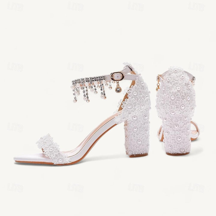 Women's Wedding  Shoes Sandals Crystal Tassel Block Heel Chunky Heel Round Toe Bridal Shoes